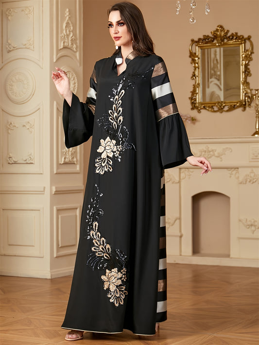 alalar | Ramadan Dubai Petal Sleeve Abaya – Black & Gold Sequin Floral Modest Dress