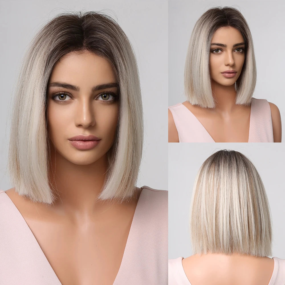 alalar-Ombre Blonde Bob Wig for Women Short Straight Brown Blonde Highlights Synthetic Natural Hair Cosplay Daily Date Wigs Middle Part
