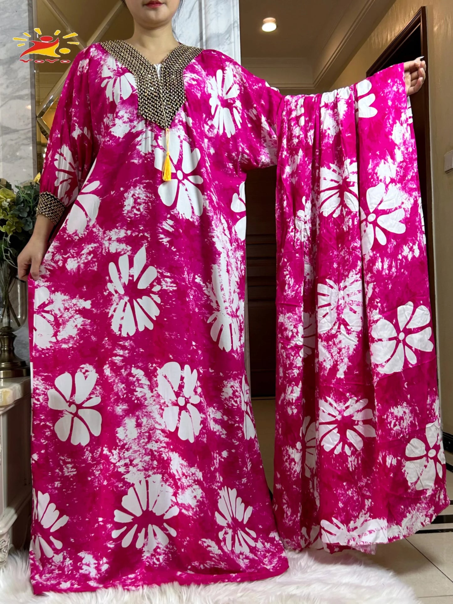 alalar-Scarf-Abaya 2025 New Muslim Abayas For Women Ramadan Fashion Sets Cotton Tie-dye Boubou Loose Femme Robe With 210x150cm Oversize Scarf