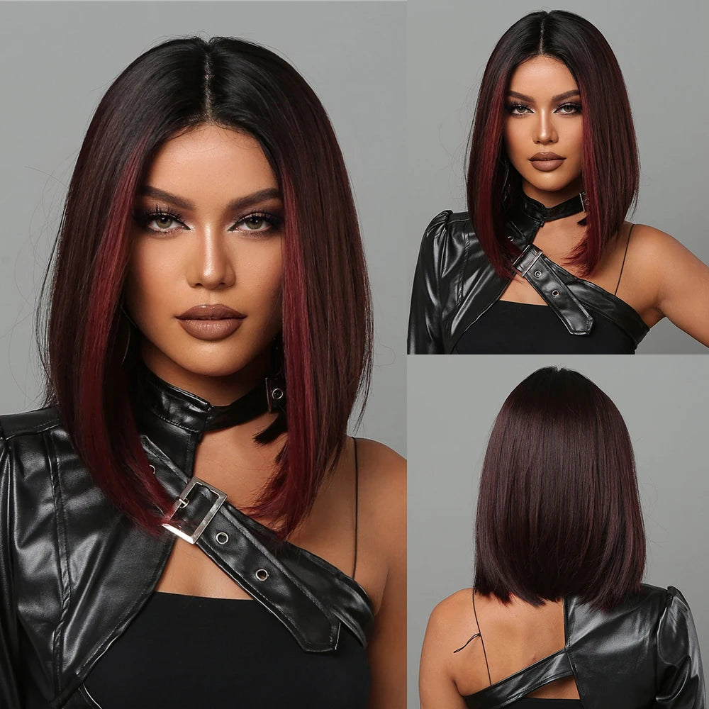 alalar-Ombre Blonde Bob Wig for Women Short Straight Brown Blonde Highlights Synthetic Natural Hair Cosplay Daily Date Wigs Middle Part