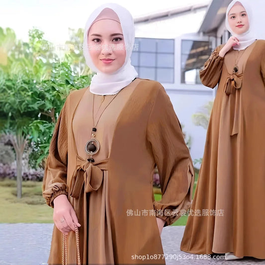 alalar | Elegant Color-Block Long Robe Dress — Loose Fit, Modest Fashion -فستان فضفاض أنيق بأكمام طويلة ورقبة مستديرة ومتعدد الألوان