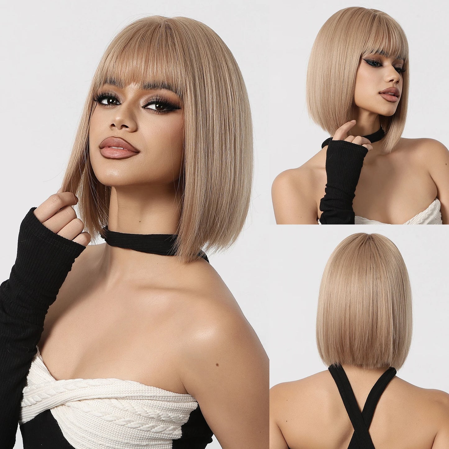 alalar-Ombre Blonde Bob Wig for Women Short Straight Brown Blonde Highlights Synthetic Natural Hair Cosplay Daily Date Wigs Middle Part