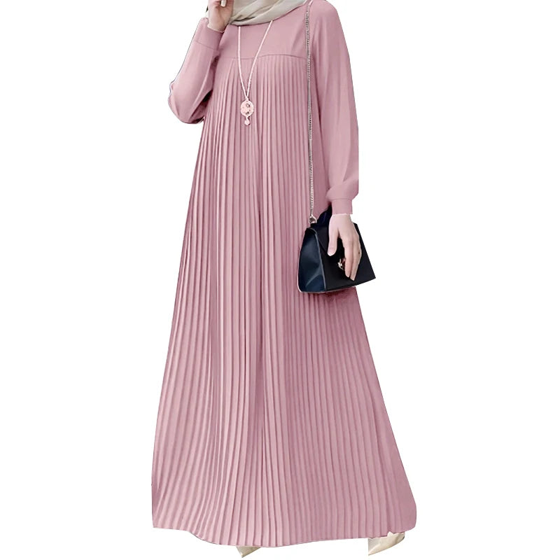 alalar | Modest Pleated Maxi Abaya Dress – O-Neck Long Sleeve Loose Fit (Up to 3XL)