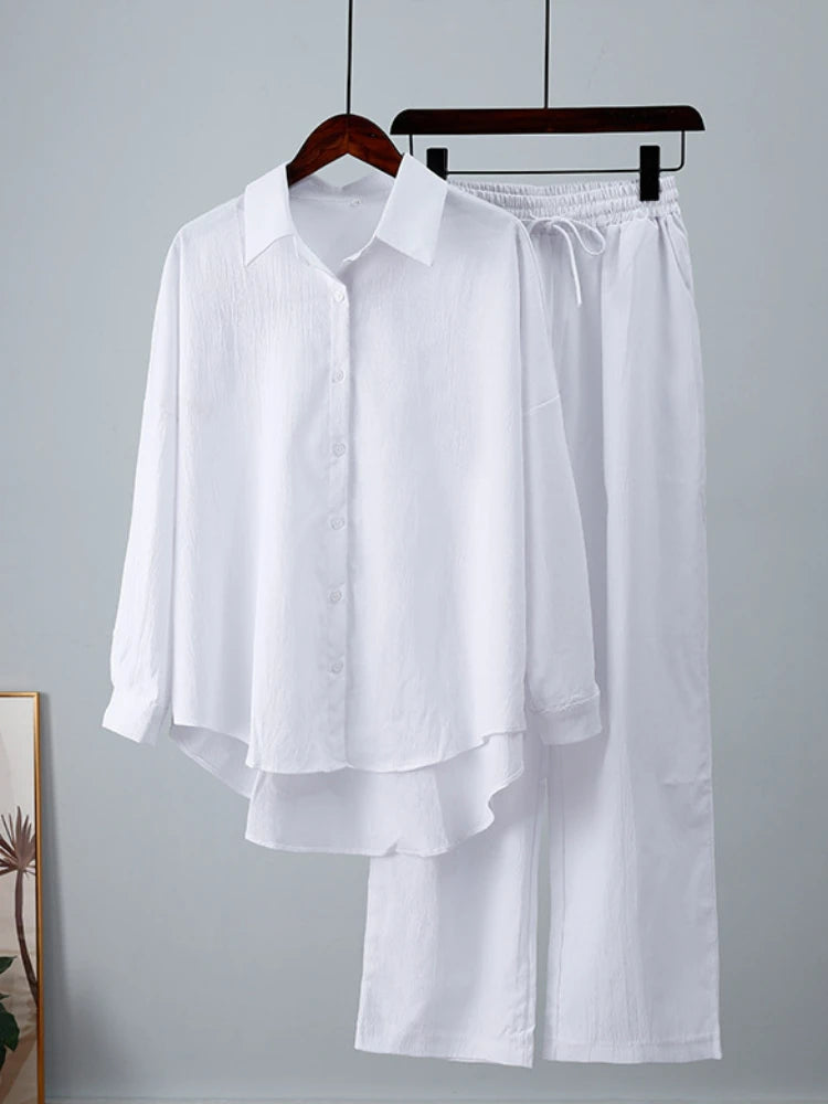 alalar | Summer Loose Two-Piece Set – Wrinkle Shirt & Wide-Leg Pants (Lightweight & Modest)