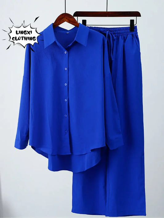 alalar | Summer Loose Two-Piece Set – Wrinkle Shirt & Wide-Leg Pants (Lightweight & Modest)