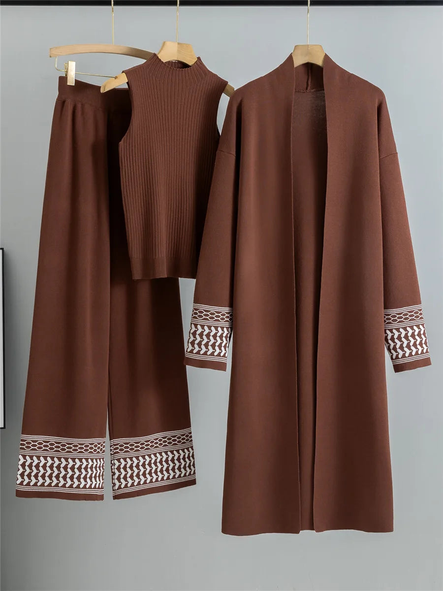 alalar | Korean Knit 3-Piece Set – Vest, Long Cardigan & Wide-Leg Pants