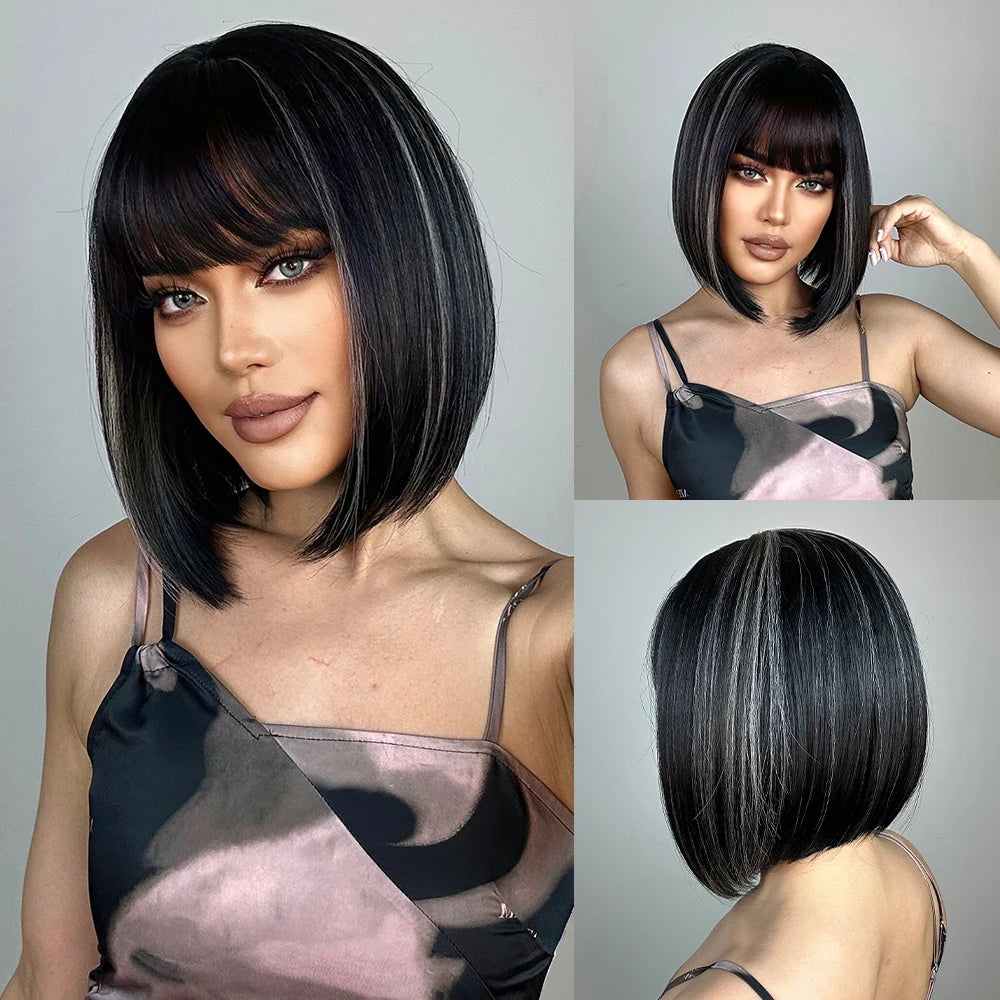 alalar-Ombre Blonde Bob Wig for Women Short Straight Brown Blonde Highlights Synthetic Natural Hair Cosplay Daily Date Wigs Middle Part