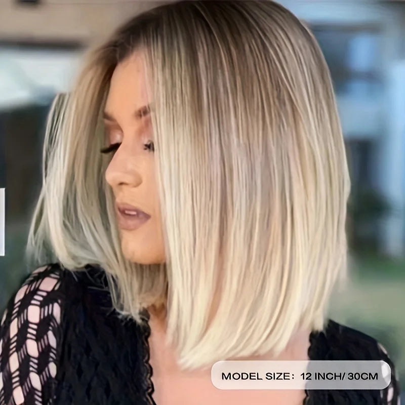 alalar-Ombre Blonde Bob Wig for Women Short Straight Brown Blonde Highlights Synthetic Natural Hair Cosplay Daily Date Wigs Middle Part