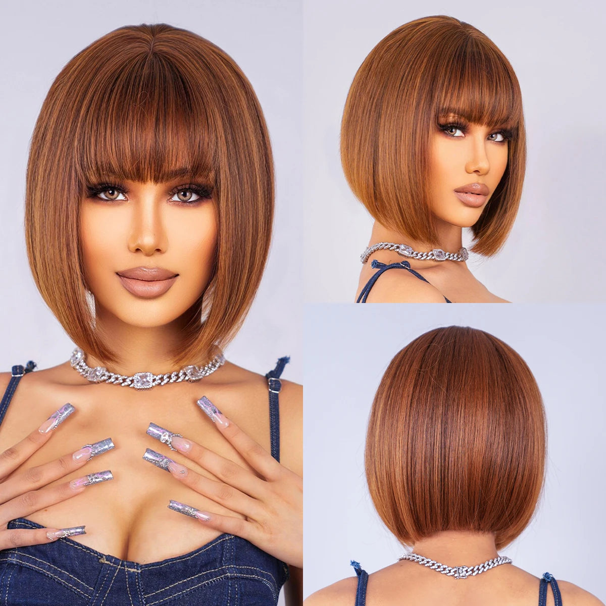 alalar-Ombre Blonde Bob Wig for Women Short Straight Brown Blonde Highlights Synthetic Natural Hair Cosplay Daily Date Wigs Middle Part