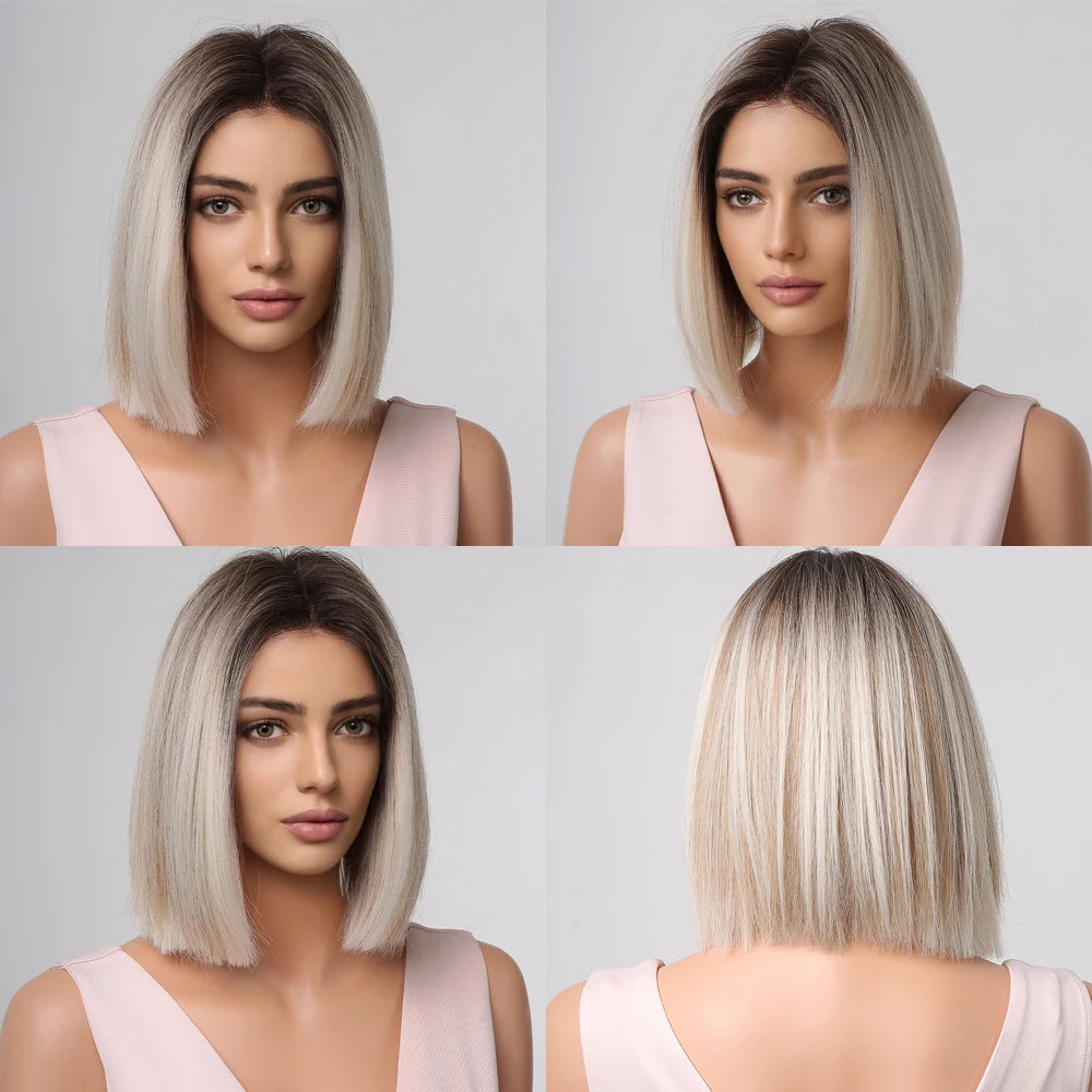 alalar-Ombre Blonde Bob Wig for Women Short Straight Brown Blonde Highlights Synthetic Natural Hair Cosplay Daily Date Wigs Middle Part