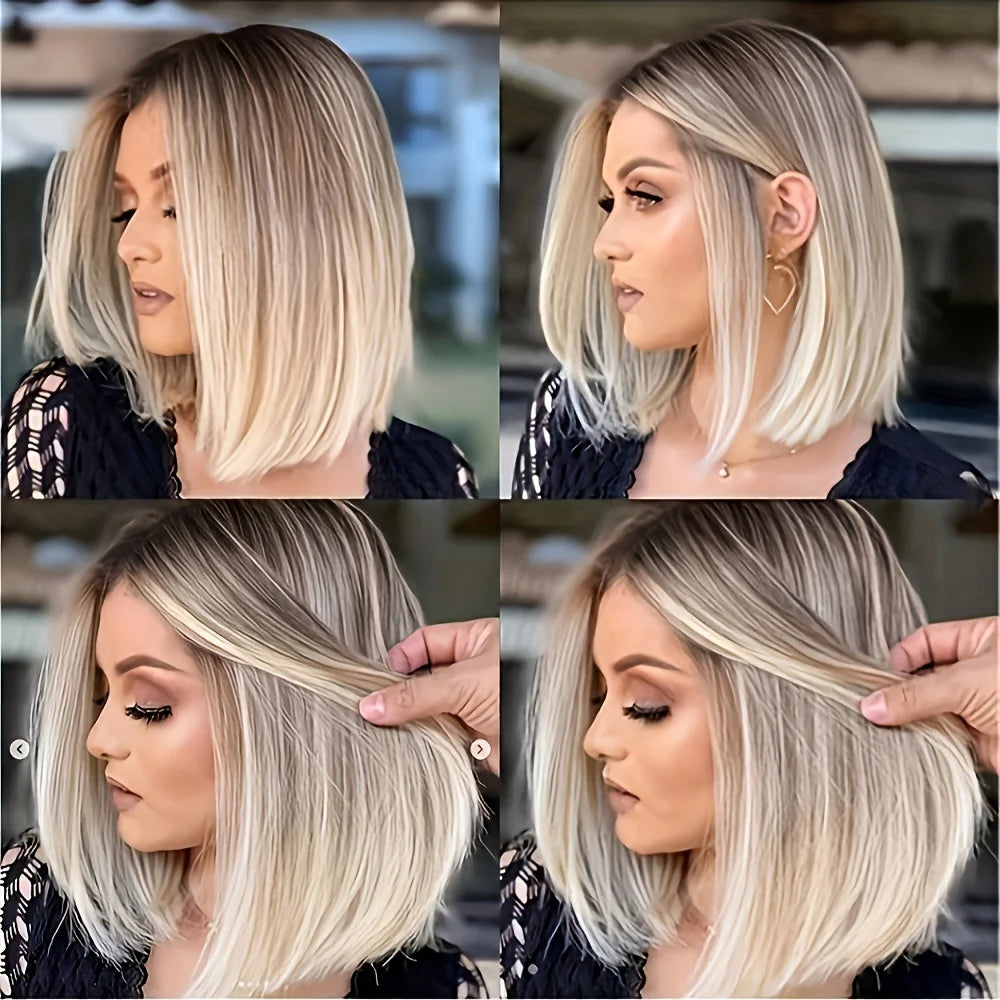 alalar-Ombre Blonde Bob Wig for Women Short Straight Brown Blonde Highlights Synthetic Natural Hair Cosplay Daily Date Wigs Middle Part