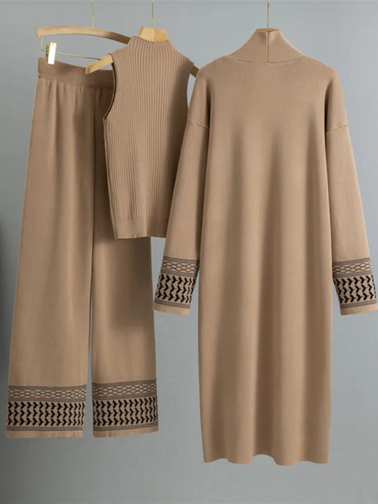 alalar | Korean Knit 3-Piece Set – Vest, Long Cardigan & Wide-Leg Pants