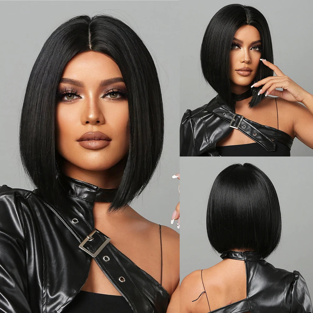 alalar-Ombre Blonde Bob Wig for Women Short Straight Brown Blonde Highlights Synthetic Natural Hair Cosplay Daily Date Wigs Middle Part