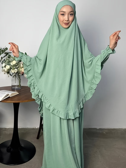 alalar- Middle East Dubai Two-Piece Set Solid Color Loose Abaya with Long Scarf for Women-عباية الحج والعمرة