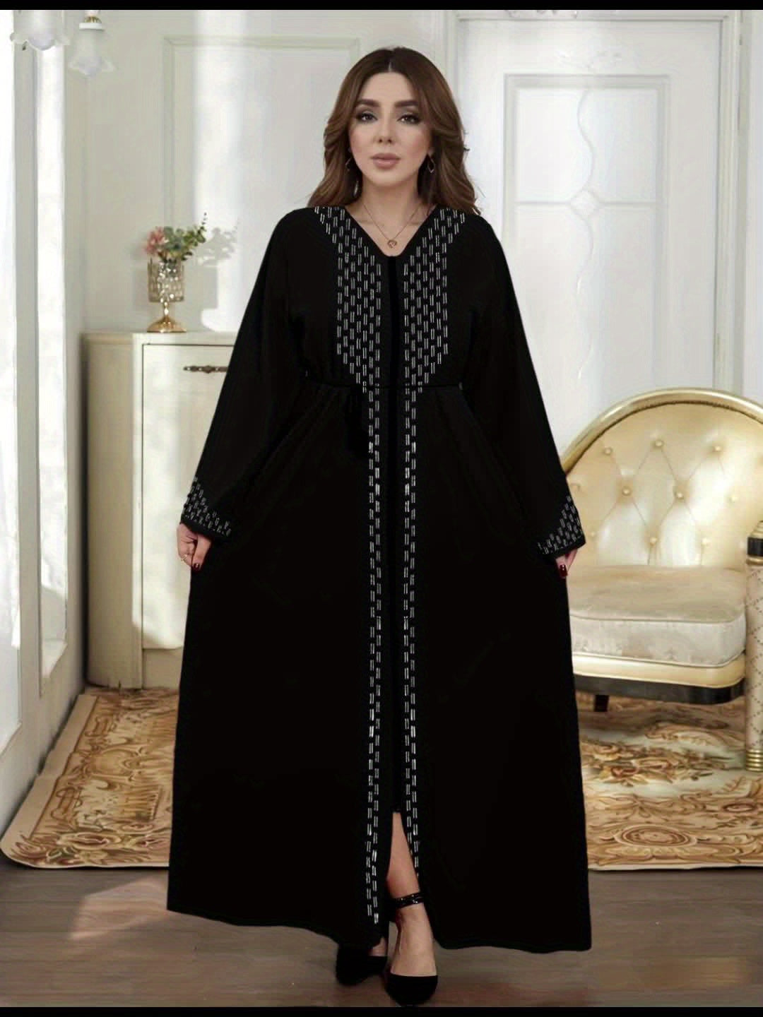 alalar | Golden Velvet Abaya Kaftan – Floral Embroidered Modest Dress for Ramadan & Eid