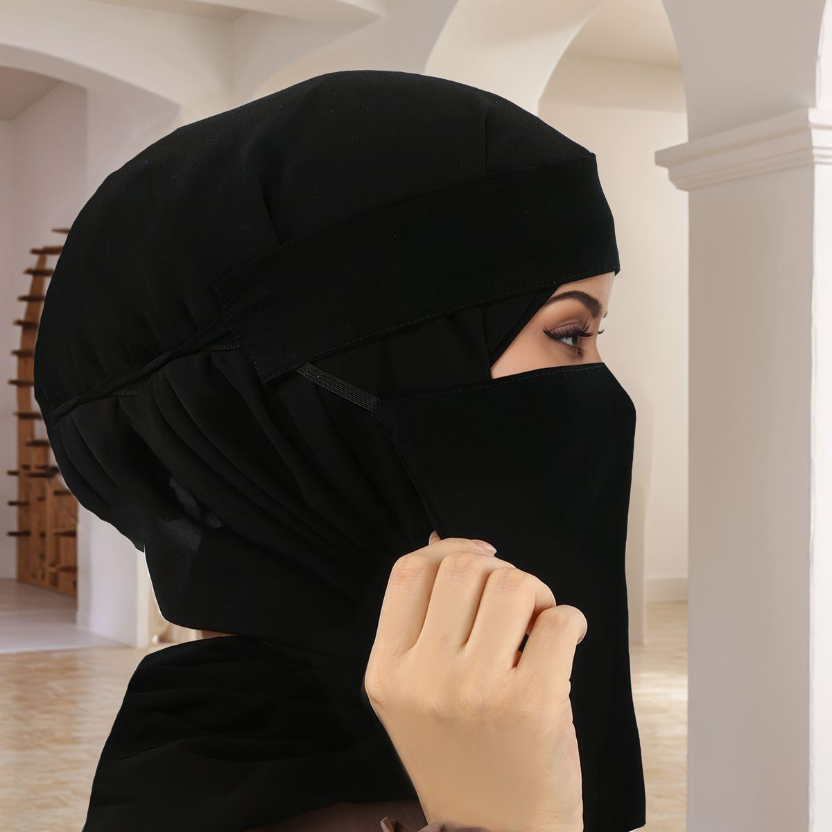 alalar- Women'S Black Niqab - Breathable, Adjustable Headscarf with Elastic Fit- نقاب مع كب