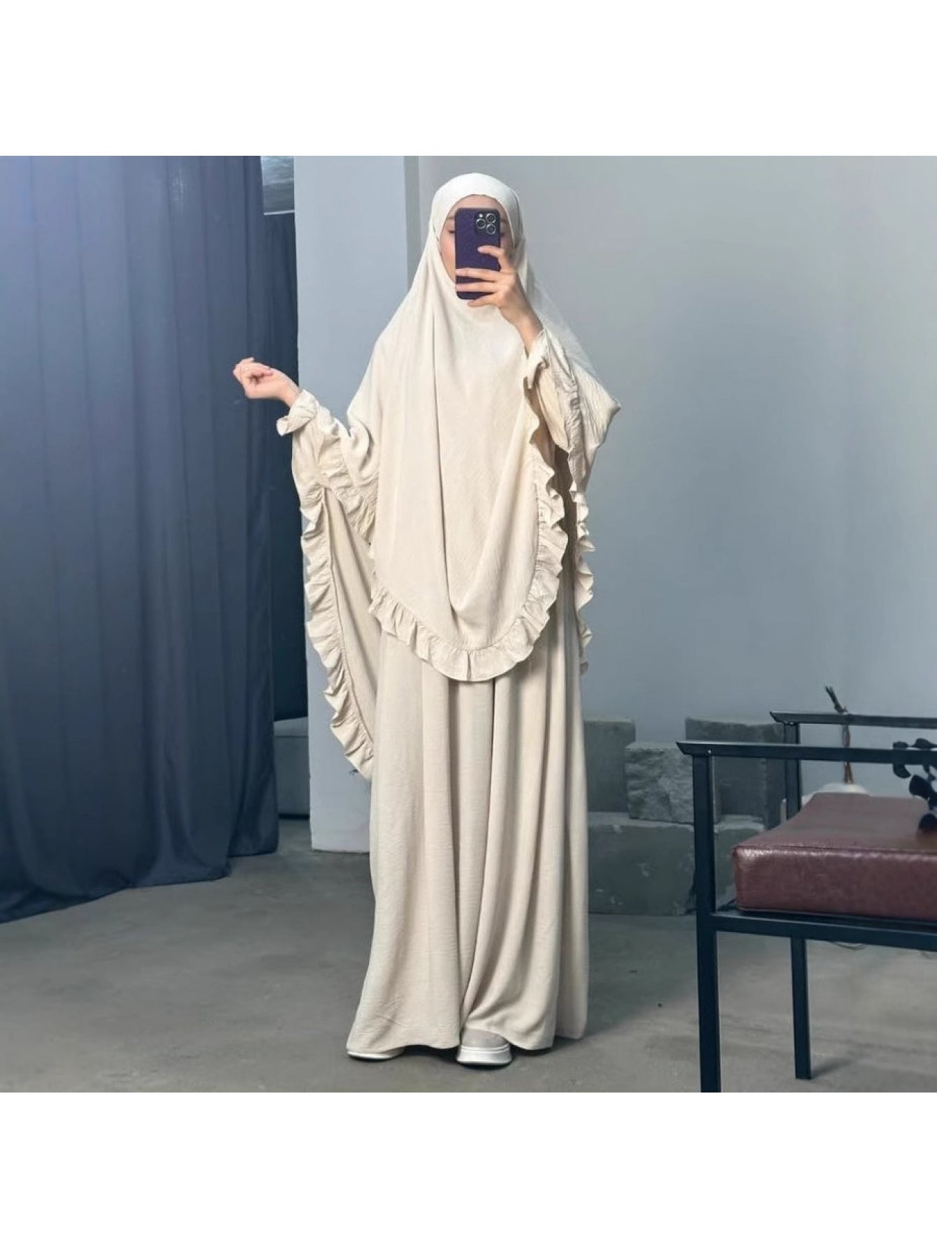 alalar- Middle East Dubai Two-Piece Set Solid Color Loose Abaya with Long Scarf for Women-عباية الحج والعمرة