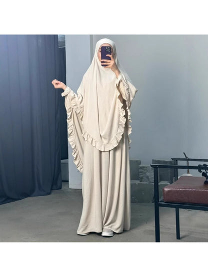 alalar- Middle East Dubai Two-Piece Set Solid Color Loose Abaya with Long Scarf for Women-عباية الحج والعمرة
