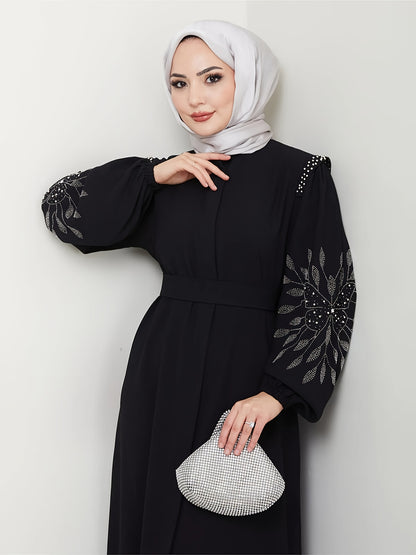 alalar | Elegant Black Abaya with Hand-Placed Rhinestone Embellishments