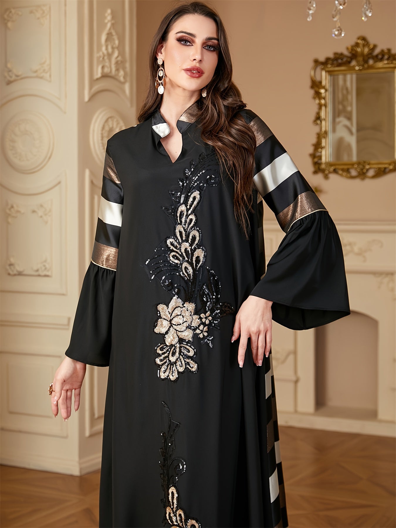 alalar | Ramadan Dubai Petal Sleeve Abaya – Black & Gold Sequin Floral Modest Dress