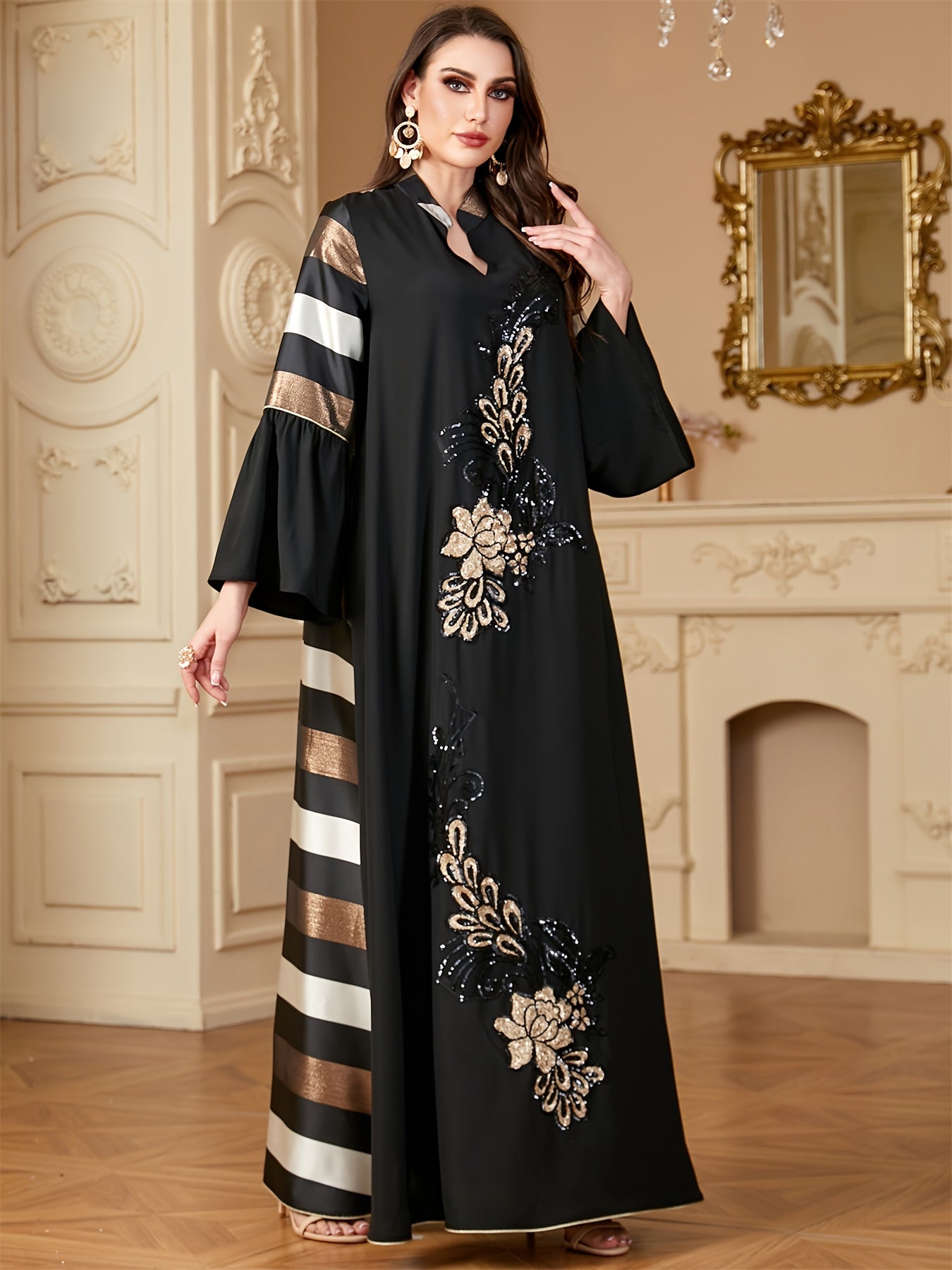 alalar | Ramadan Dubai Petal Sleeve Abaya – Black & Gold Sequin Floral Modest Dress