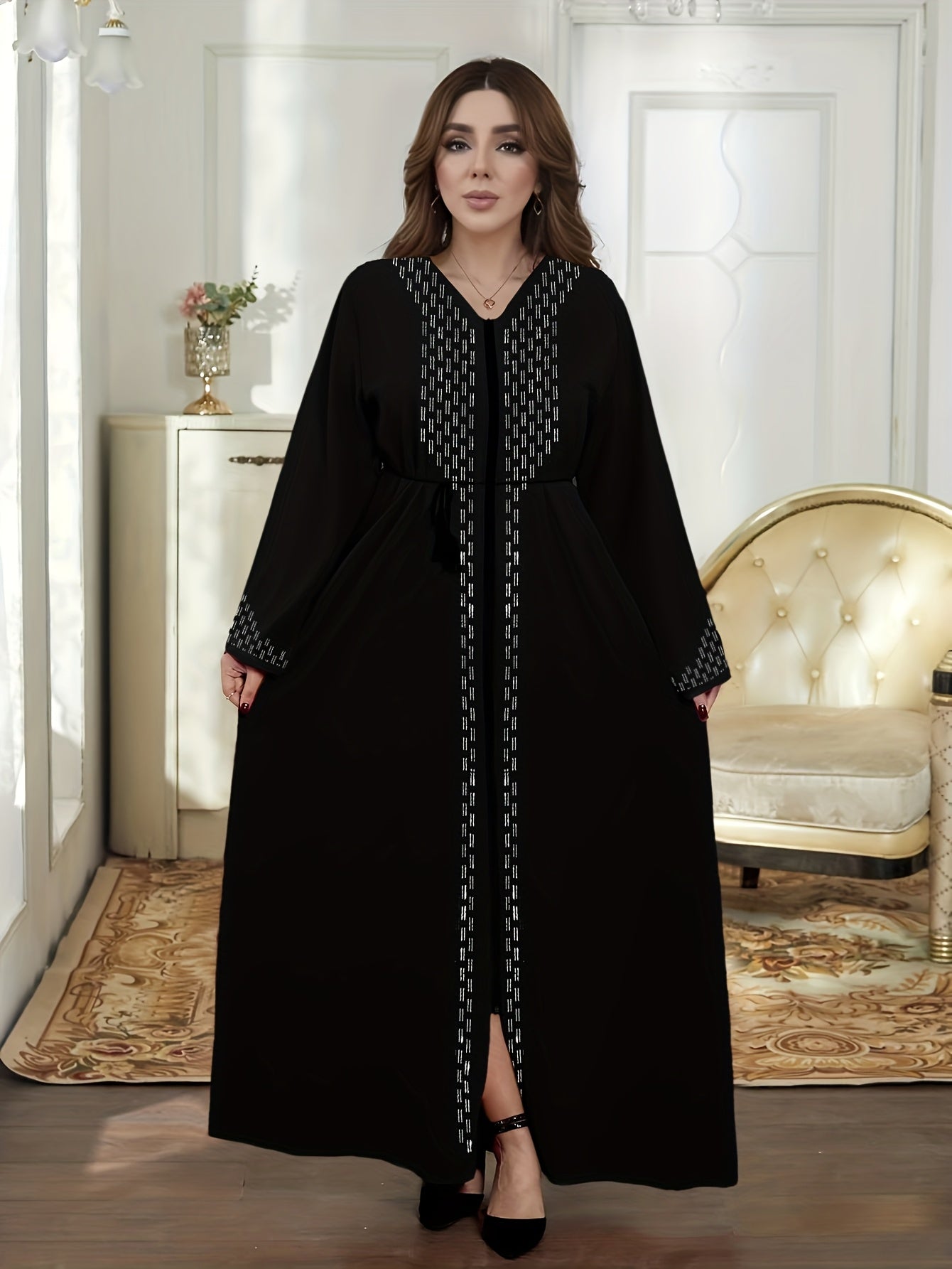 alalar | Golden Velvet Abaya Kaftan – Floral Embroidered Modest Dress for Ramadan & Eid