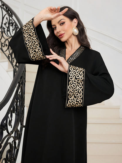 alalar-Elegant Black Abaya with Golden Embroidery-عباية سوداء بتطريز ذهبي