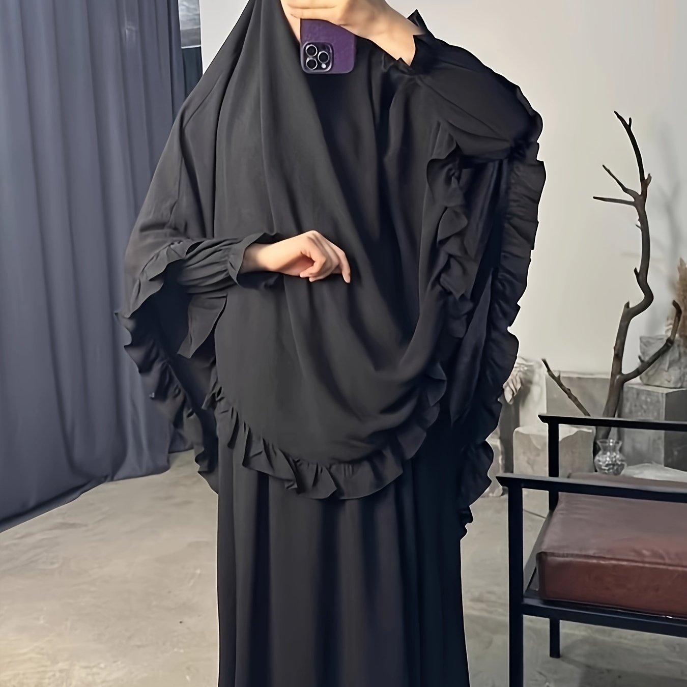 alalar- Middle East Dubai Two-Piece Set Solid Color Loose Abaya with Long Scarf for Women-عباية الحج والعمرة