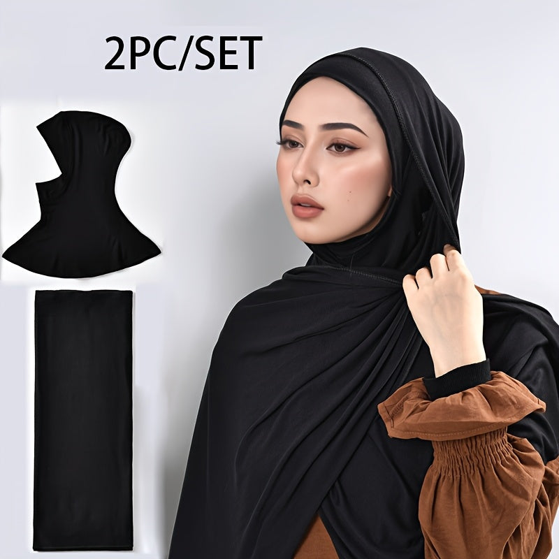 alalar-2pcs Muslim Women's Headscarf Set with Base Cap and Hair Tie-طقم حجاب نسائي مسلم مكون من قطعتين مع غطاء أساسي وربطة شعر،