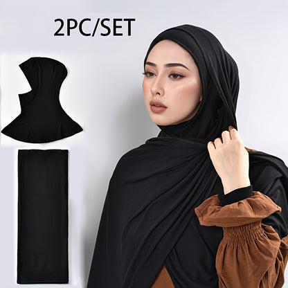 alalar-2pcs Muslim Women's Headscarf Set with Base Cap and Hair Tie-طقم حجاب نسائي مسلم مكون من قطعتين مع غطاء أساسي وربطة شعر،