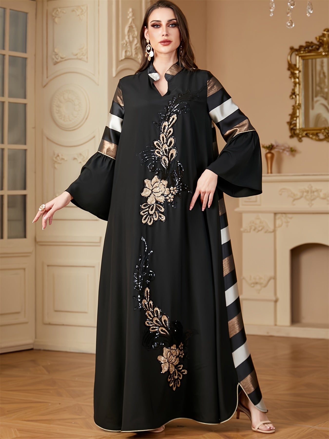 alalar | Ramadan Dubai Petal Sleeve Abaya – Black & Gold Sequin Floral Modest Dress