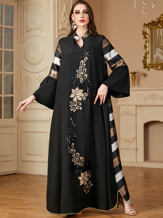 alalar | Ramadan Dubai Petal Sleeve Abaya – Black & Gold Sequin Floral Modest Dress