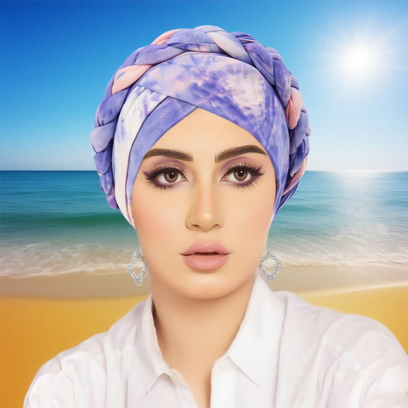 Women's Middle Eastern-Inspired Tie-Dye Headscarf - Gradient Orange to Pink Soft Non-Elastic Fabric with Intricate Tying, Turquoise Blue & Pastel Pink Marbled Pattern for Casual & Formal Wear, Versatile Cultural Fashion Acces