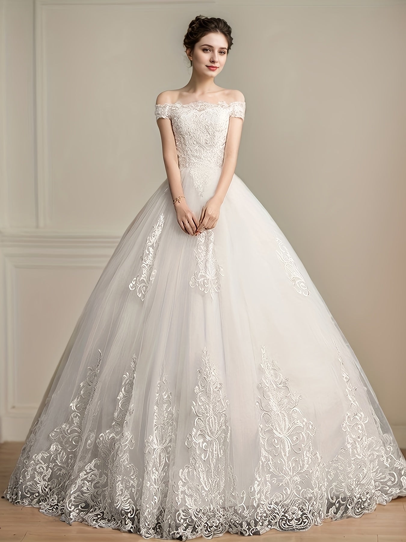 alalar Ladies' Light Luxury Off-Shoulder Wedding Dress- فستان عرس راقي