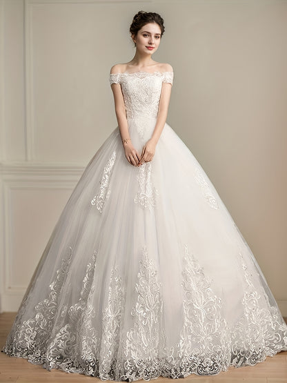 alalar Ladies' Light Luxury Off-Shoulder Wedding Dress- فستان عرس راقي