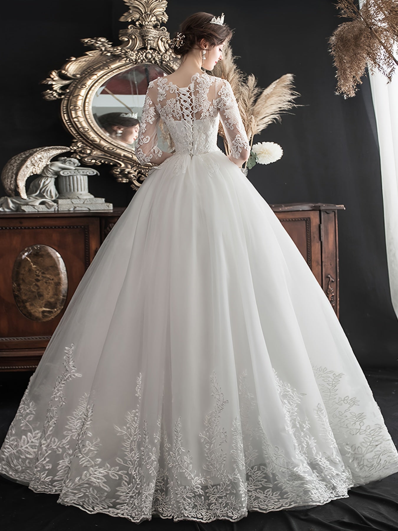 alalar-Plus Size - Plus Size, Plus Size -Line White Wedding Dress with Lace Embroidery -فستان عرس بحجم كبير
