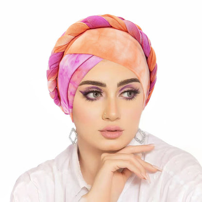 Women's Middle Eastern-Inspired Tie-Dye Headscarf - Gradient Orange to Pink Soft Non-Elastic Fabric with Intricate Tying, Turquoise Blue & Pastel Pink Marbled Pattern for Casual & Formal Wear, Versatile Cultural Fashion Acces