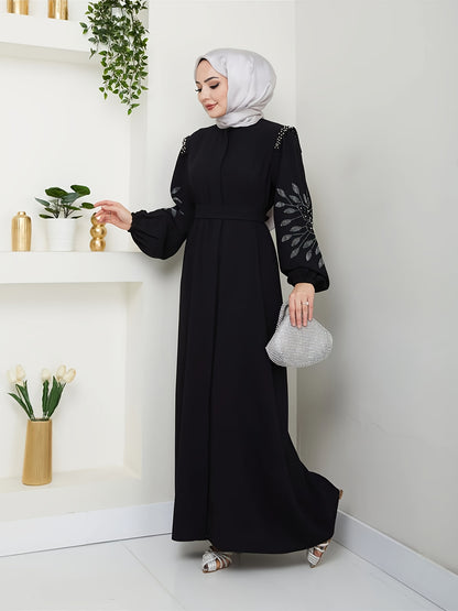 alalar | Elegant Black Abaya with Hand-Placed Rhinestone Embellishments