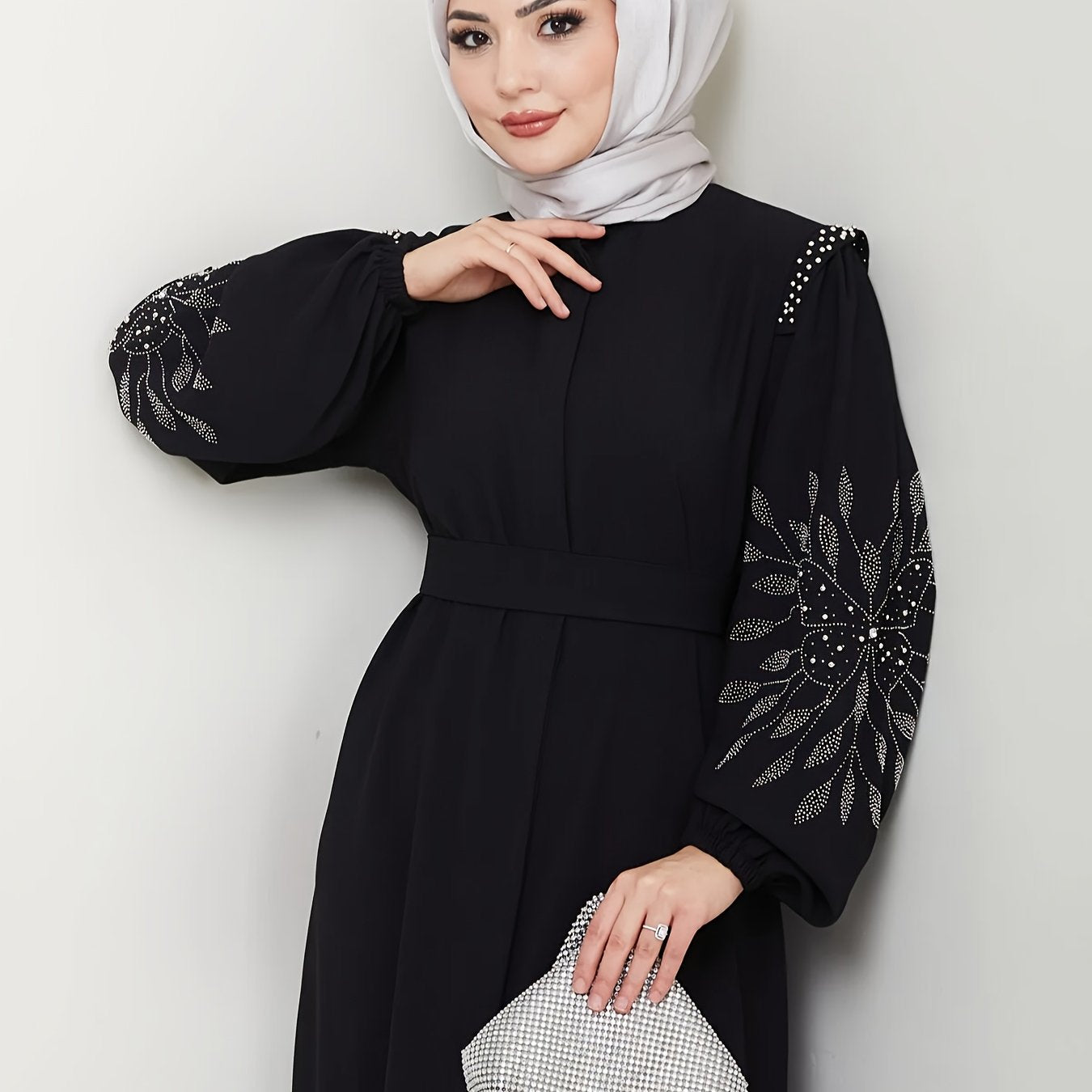 alalar | Elegant Black Abaya with Hand-Placed Rhinestone Embellishments