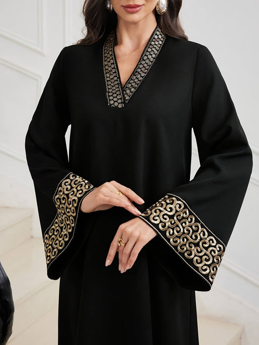 alalar-Elegant Black Abaya with Golden Embroidery-عباية سوداء بتطريز ذهبي