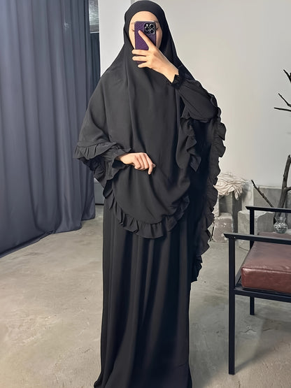 alalar- Middle East Dubai Two-Piece Set Solid Color Loose Abaya with Long Scarf for Women-عباية الحج والعمرة