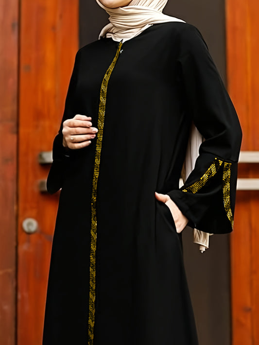 alalar-عباية نسائية أنيقة مخططة | أكمام طويلة، رقبة دائرية، سحاب إغلاق،[Elegant Abaya] Elegant Striped Women's Abaya | Long Sleeve, Round Neck, Zipper Closure, Non-Stretch Fabric,
