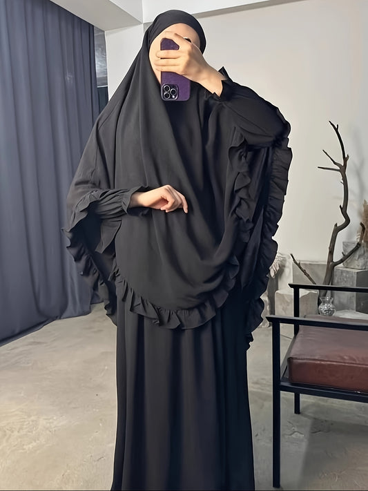 alalar- Middle East Dubai Two-Piece Set Solid Color Loose Abaya with Long Scarf for Women-عباية الحج والعمرة