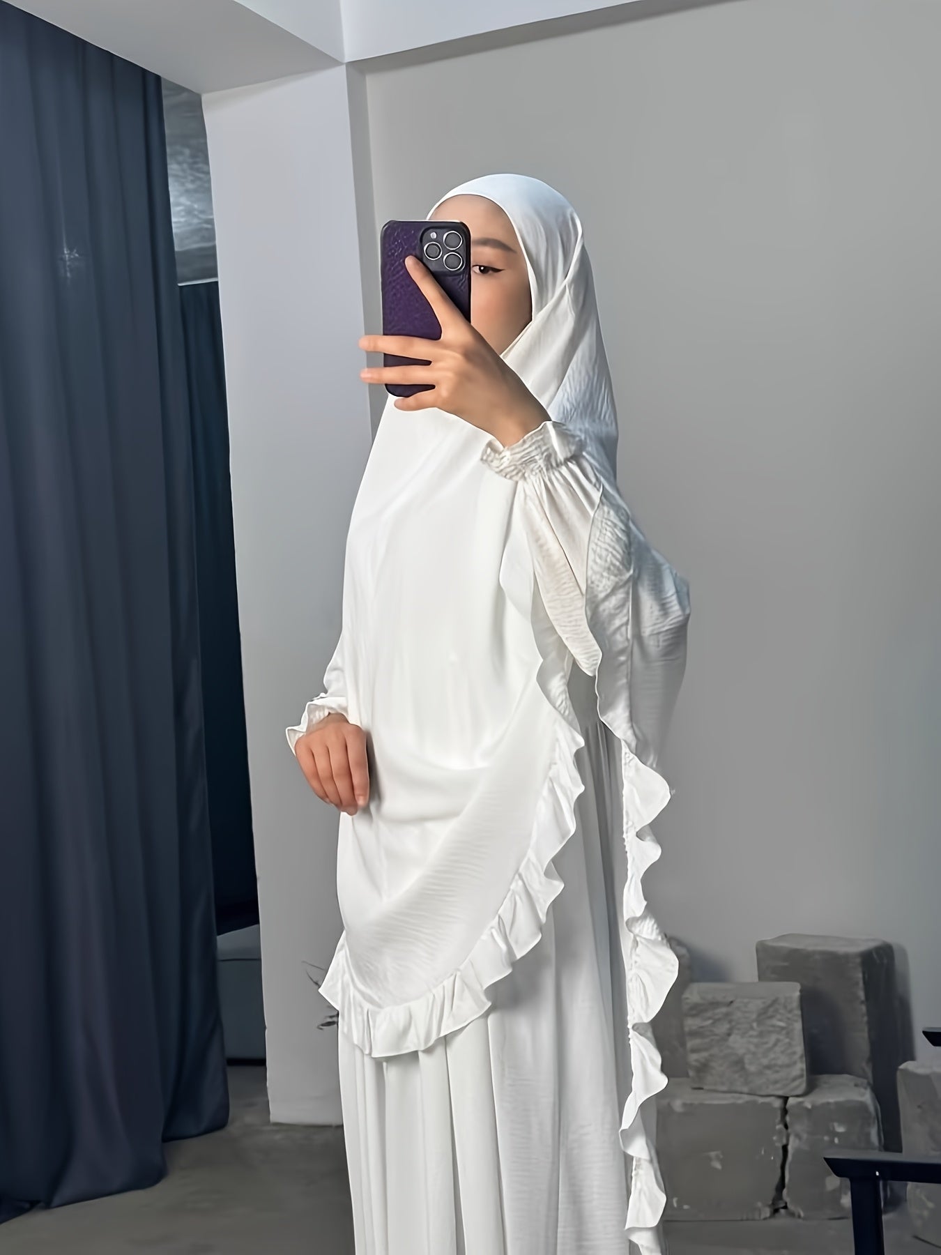 alalar- Middle East Dubai Two-Piece Set Solid Color Loose Abaya with Long Scarf for Women-عباية الحج والعمرة