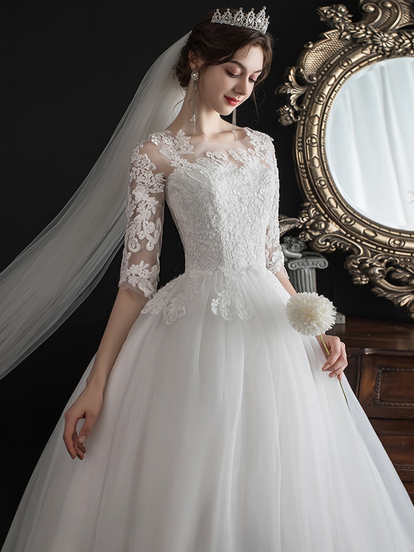 alalar-Plus Size - Plus Size, Plus Size -Line White Wedding Dress with Lace Embroidery -فستان عرس بحجم كبير