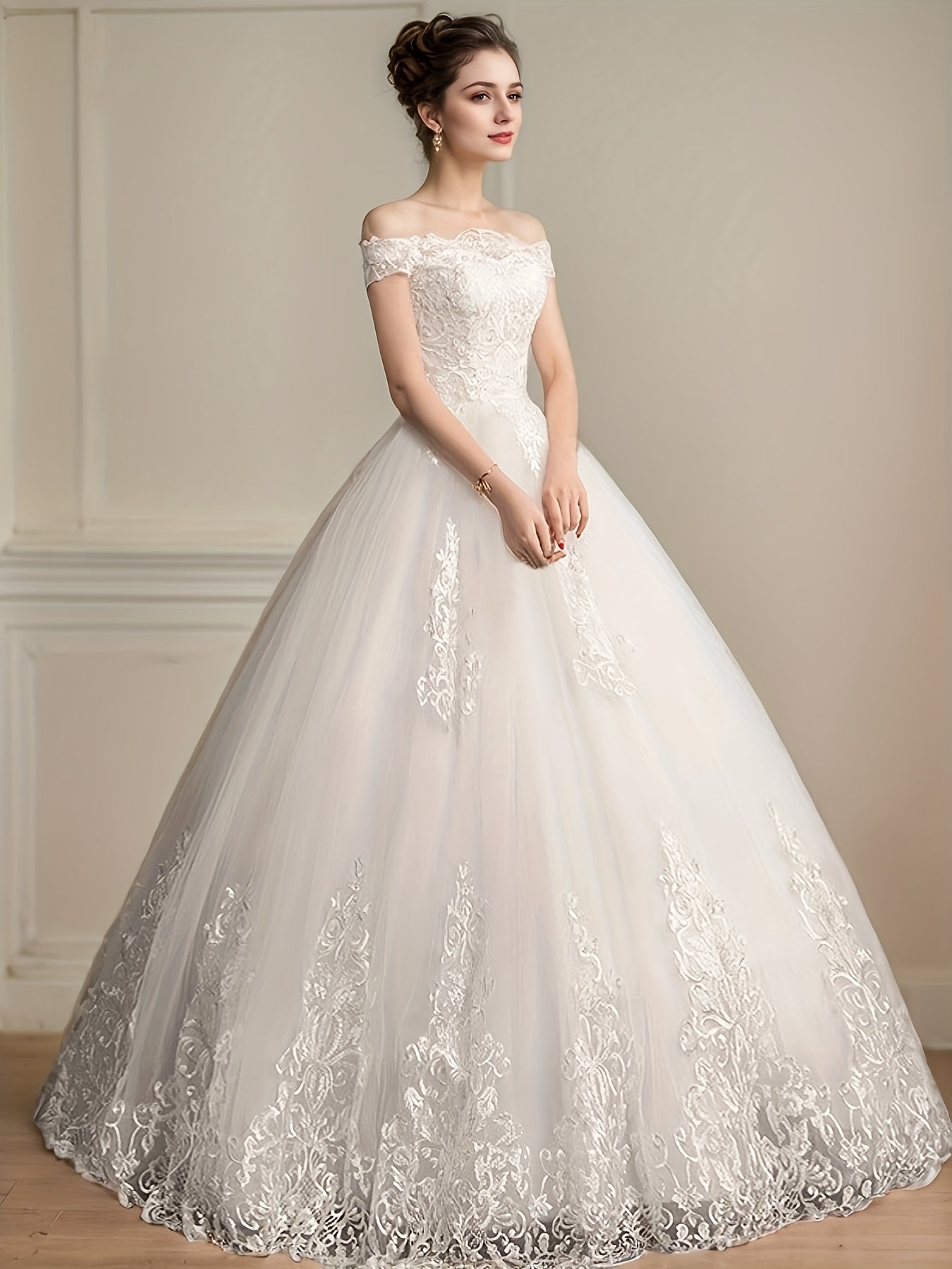 alalar Ladies' Light Luxury Off-Shoulder Wedding Dress- فستان عرس راقي