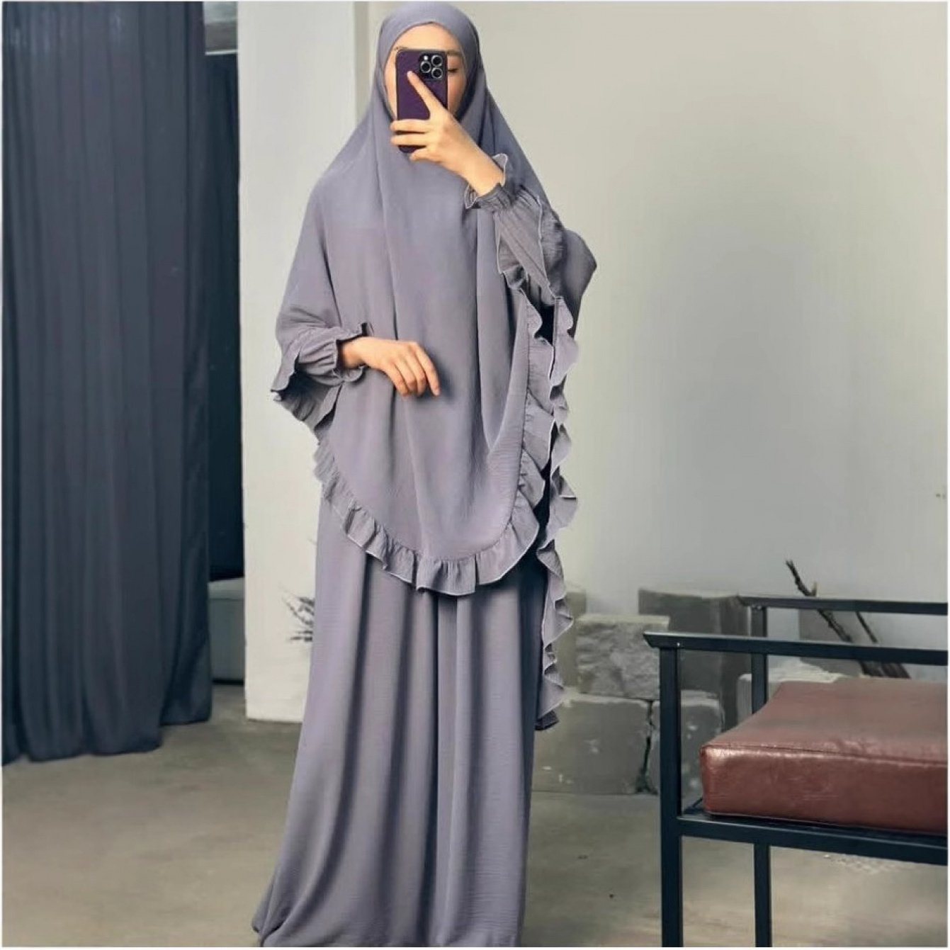 alalar- Middle East Dubai Two-Piece Set Solid Color Loose Abaya with Long Scarf for Women-عباية الحج والعمرة