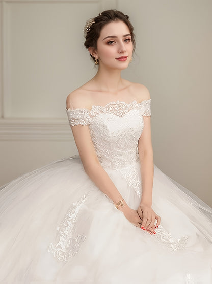 alalar Ladies' Light Luxury Off-Shoulder Wedding Dress- فستان عرس راقي