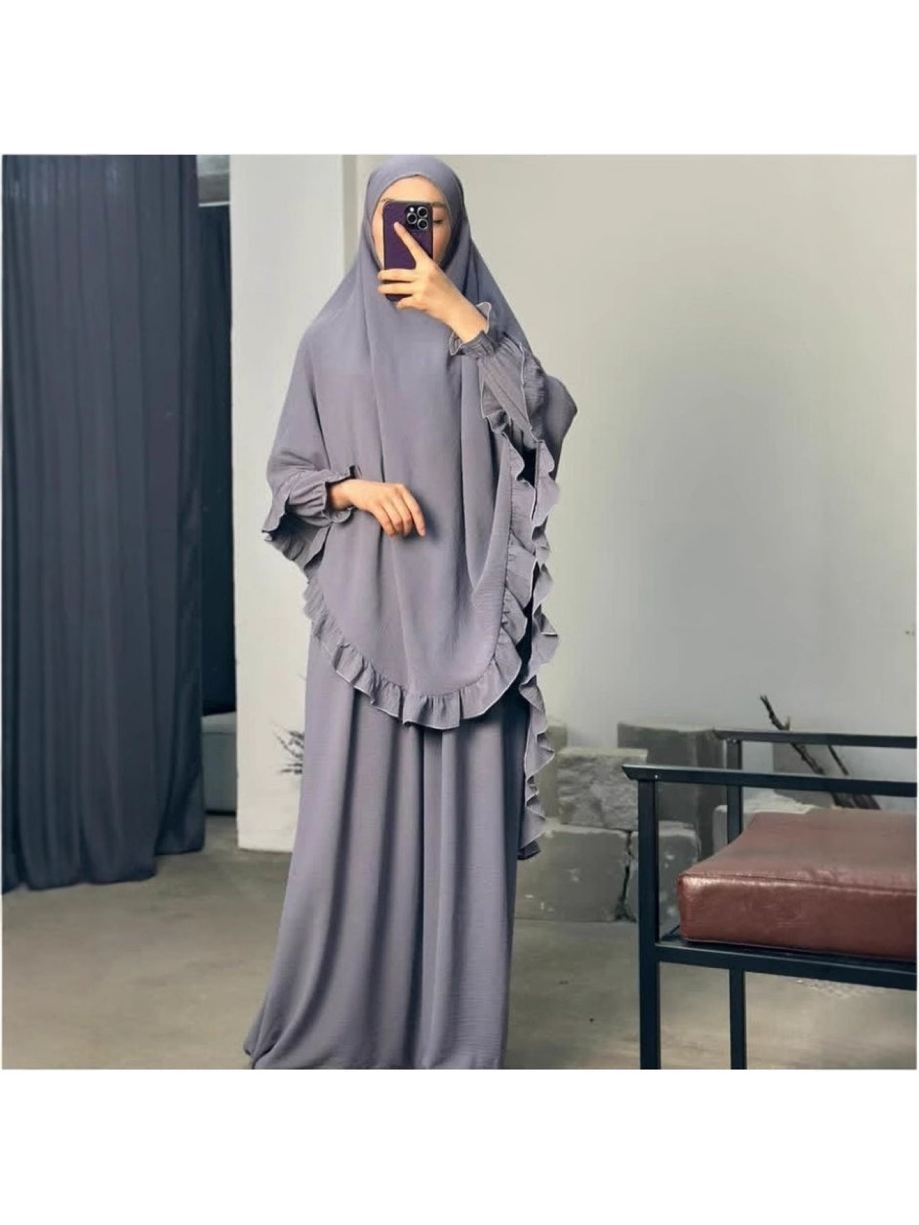alalar- Middle East Dubai Two-Piece Set Solid Color Loose Abaya with Long Scarf for Women-عباية الحج والعمرة