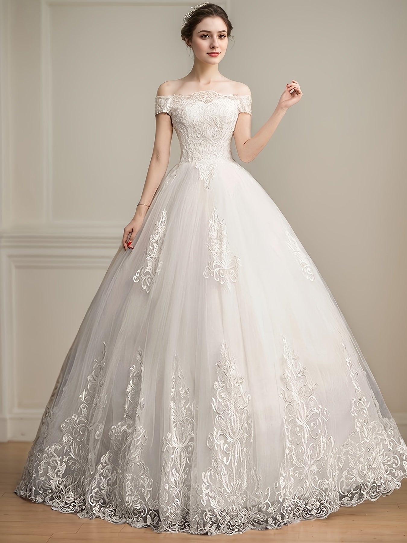 alalar Ladies' Light Luxury Off-Shoulder Wedding Dress- فستان عرس راقي